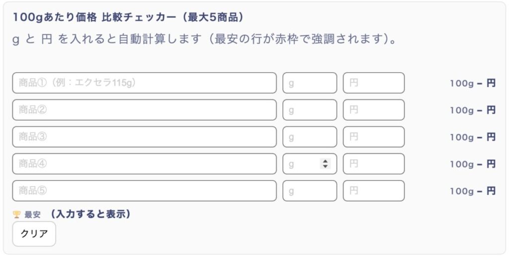 内容量がバラバラの商品を最安比較できる、100g単価計算ツールの画面
