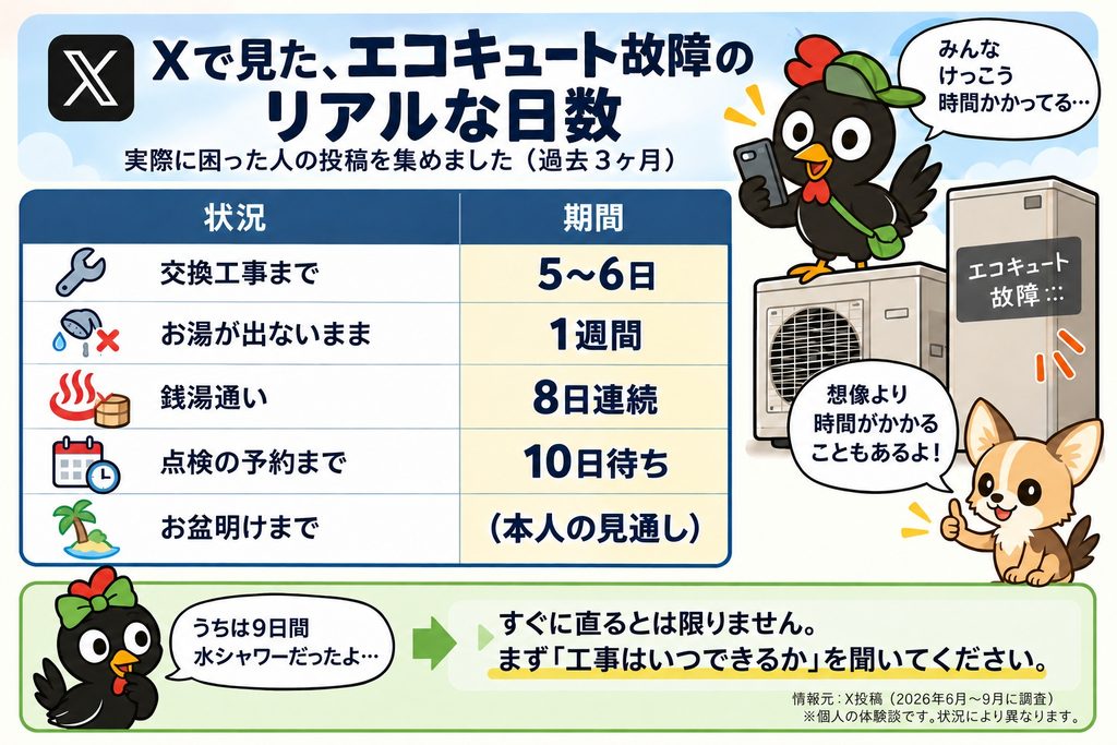 Xで見たエコキュート故障の日数。交換工事まで5〜6日、お湯が出ないまま1週間、銭湯通い8日連続、点検の予約まで10日待ち、お盆明けまで(本人の見通し)