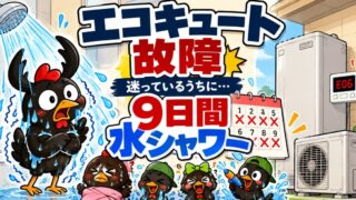 冷たい水シャワーで震えるにわとりと、故障したエコキュートのイラスト