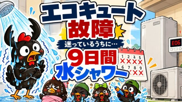 冷たい水シャワーで震えるにわとりと、故障したエコキュートのイラスト