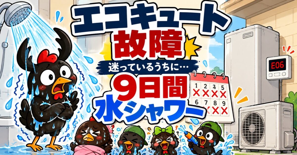 冷たい水シャワーで震えるにわとりと、故障したエコキュートのイラスト