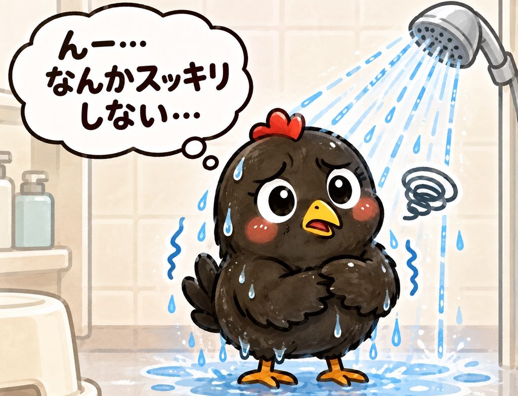 妻にわとりが水シャワーで髪を洗っているイラスト