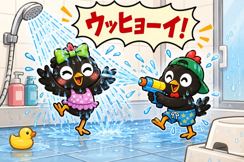 水シャワーではしゃぐ子どものイラスト