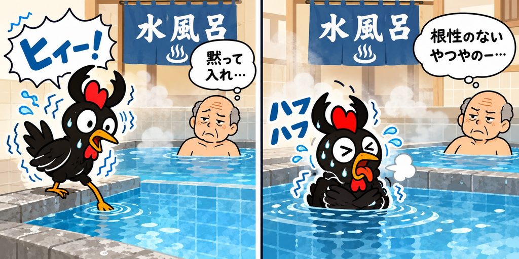 銭湯の水風呂に入ろうとして「ヒィー!」と震えるにわとりのイラスト