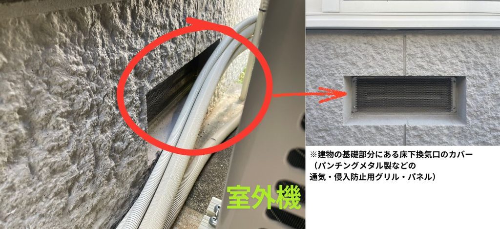 エディオンの業者さんが、配管を通せると説明した場所。家の基礎にある、穴の開いた金属のカバー